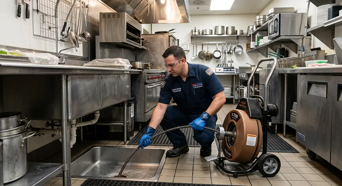Commercial drain cleaning service in a restaurant kitchen in Mendota