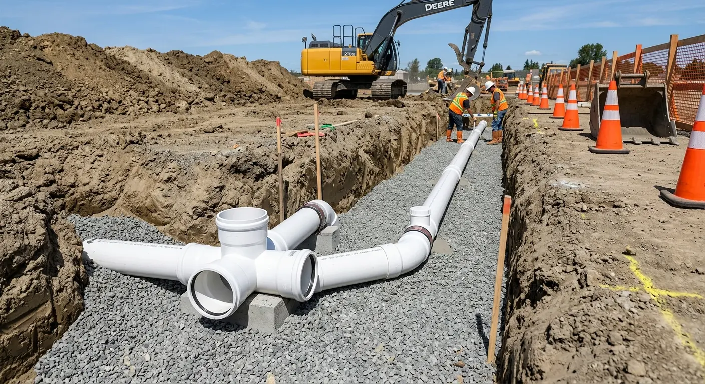 New PVC sewer pipe installation in open trench for Sewer Backup in Mendota
