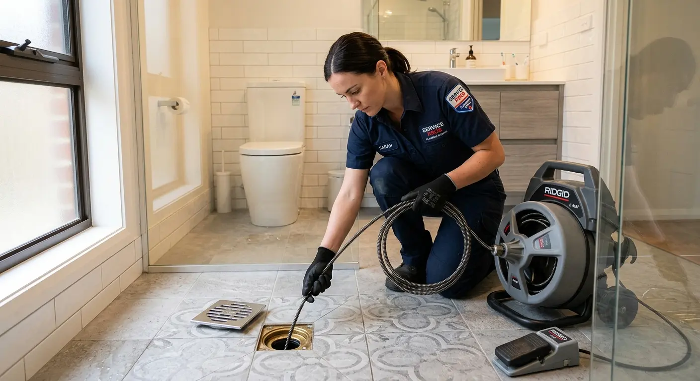 Technician clearing a bathroom floor drain for Sewer Line Replacement in Mendota